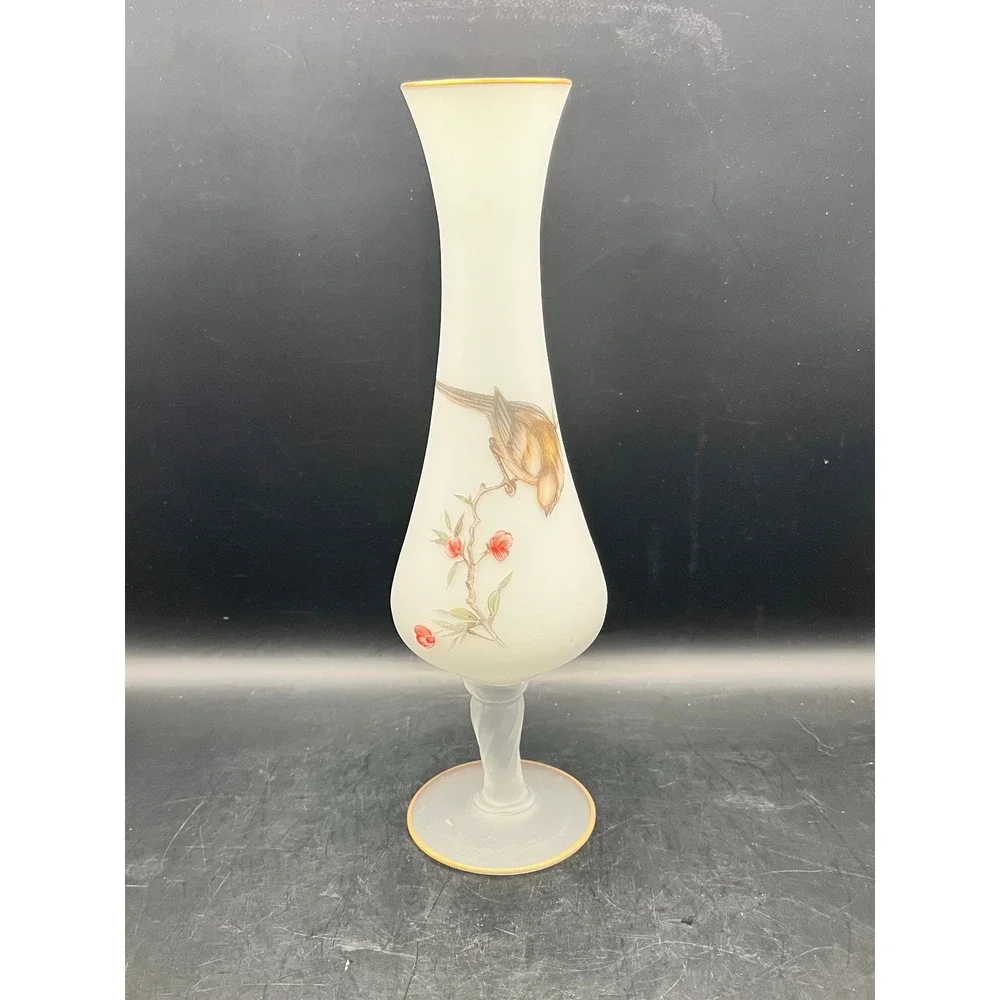 Vtg Norleans White Satin Frosted‎ Glass Bud Vase Bird Gold Rim Pedestal 60s 10